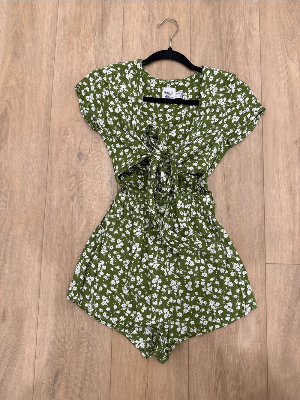 Princess Polly Olive Green & White Floral Tie-Front Romper